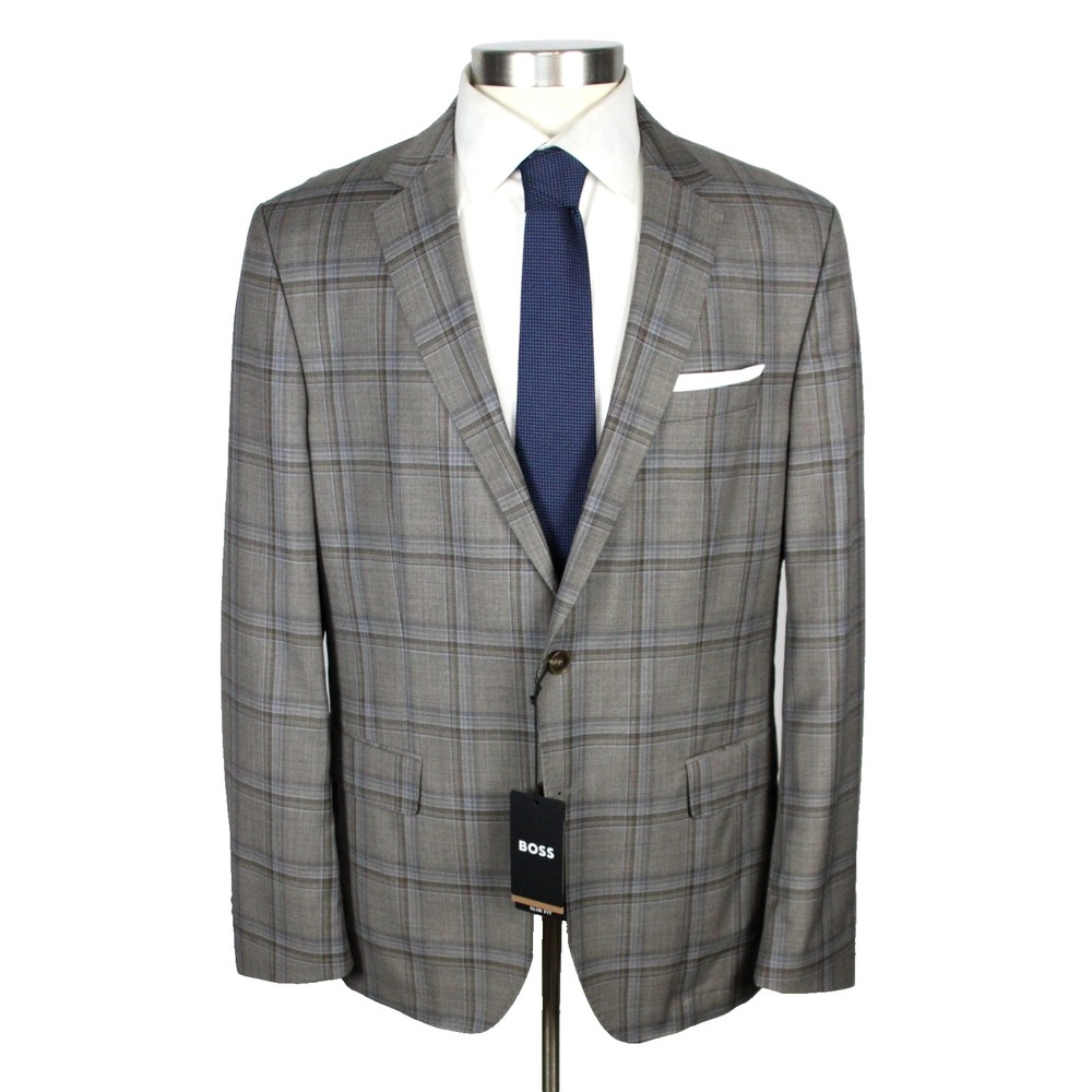 Hugo Boss Hutson-222 Sport Coat 44 R Mens Slim Fit Wool Light Brown Plaid Blazer